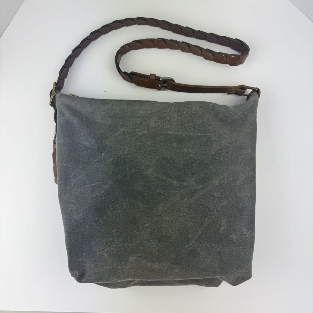 Wood & Faulk Waxed Canvas Hobo Shoulder Bag Gray Braided Leather Strap Camo USA